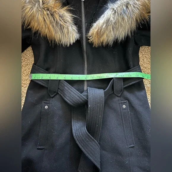 RACHEL Rachel Roy Black Wool Blend Trench Coat with Fur Trim - Picture 8 of 11